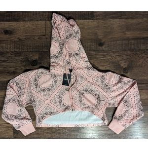 Forever 21 Women's Pink & Black Paisley Cropped Hoodie Sweat Full Zip Size M NWT